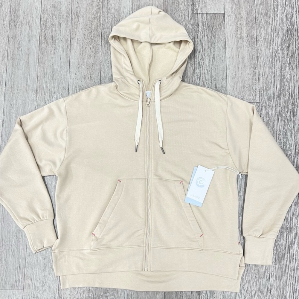 CALME BY JOHNNY WAS ZIP HOODIE WITH SIDE SLITS-beige - Picture 2 of 16
